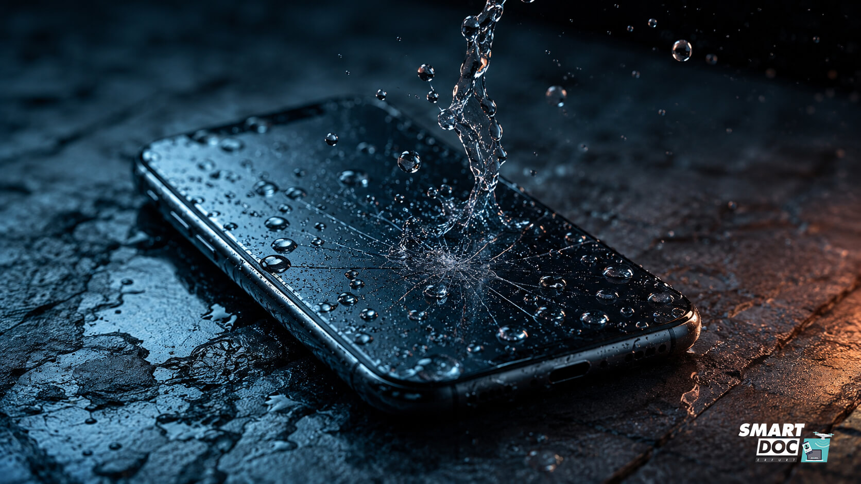 Handy Wasserschaden was tun: Smartphone mit gesplittertem Display und Wassertropfen auf nasser Oberfläche