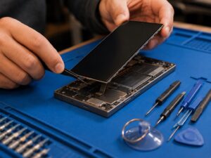 Professionelle Samsung Display Reparatur in Erfurt – Fronteinheit wird mit Spezialwerkzeug ausgetauscht