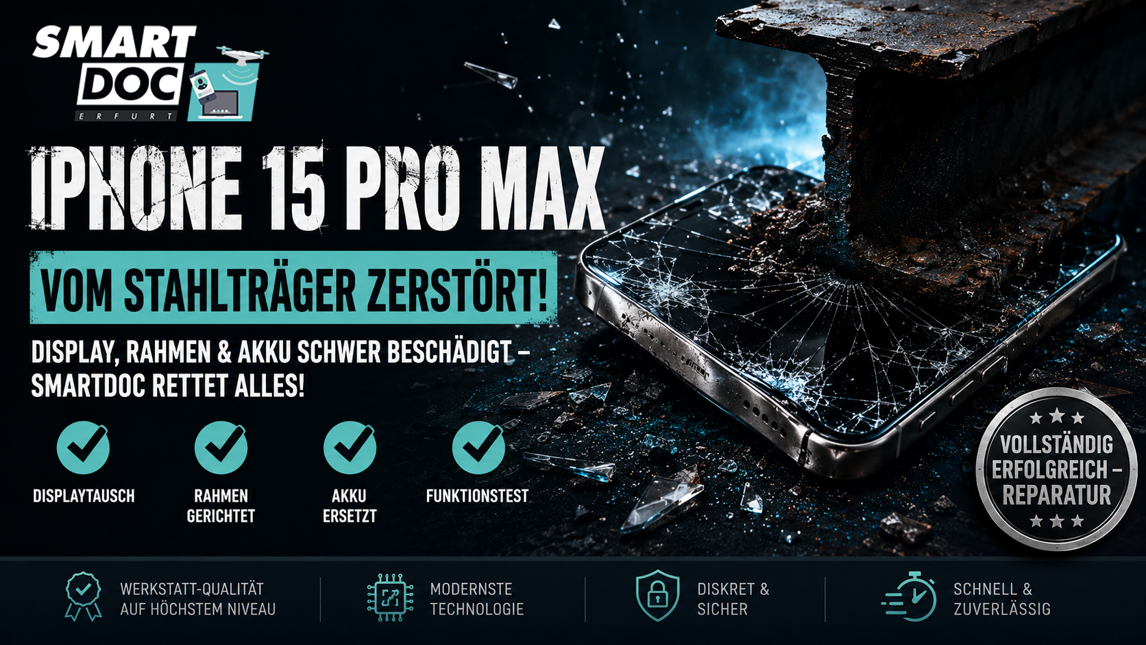 iPhone 15 Pro Max Reparatur Erfurt nach Stahlträger-Schaden – Display, Rahmen und Akku komplett gerettet bei SmartDoc Erfurt