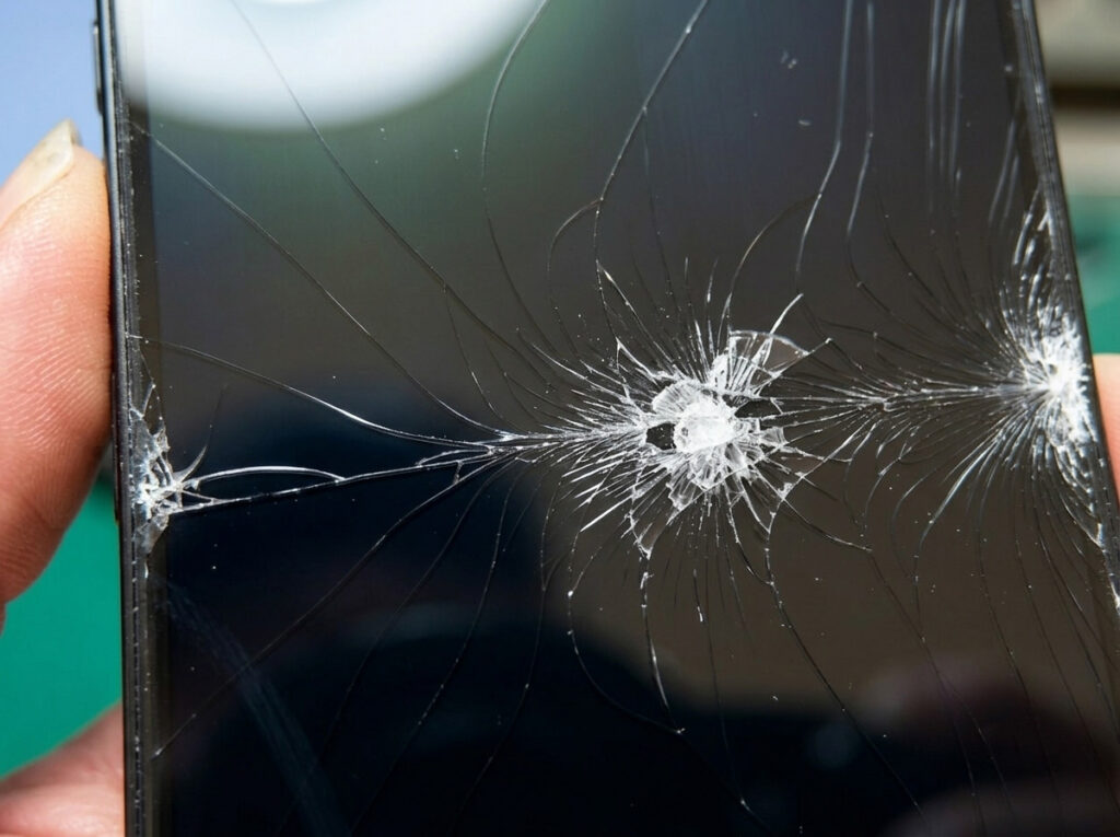 Einschlagpunkt am iPhone-16e-Displayrand nach Sturz – Schadensdiagnose bei SmartDoc Erfurt