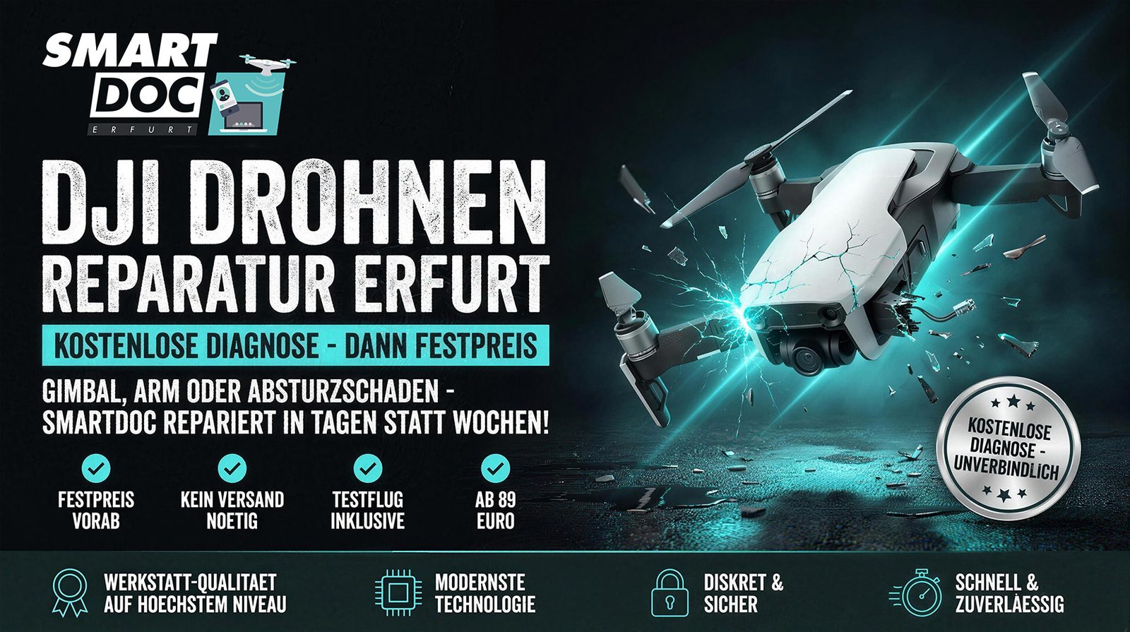 DJI Drohnen Reparatur Erfurt – SmartDoc repariert Gimbal, Arm und Absturzschaden ab 89 Euro